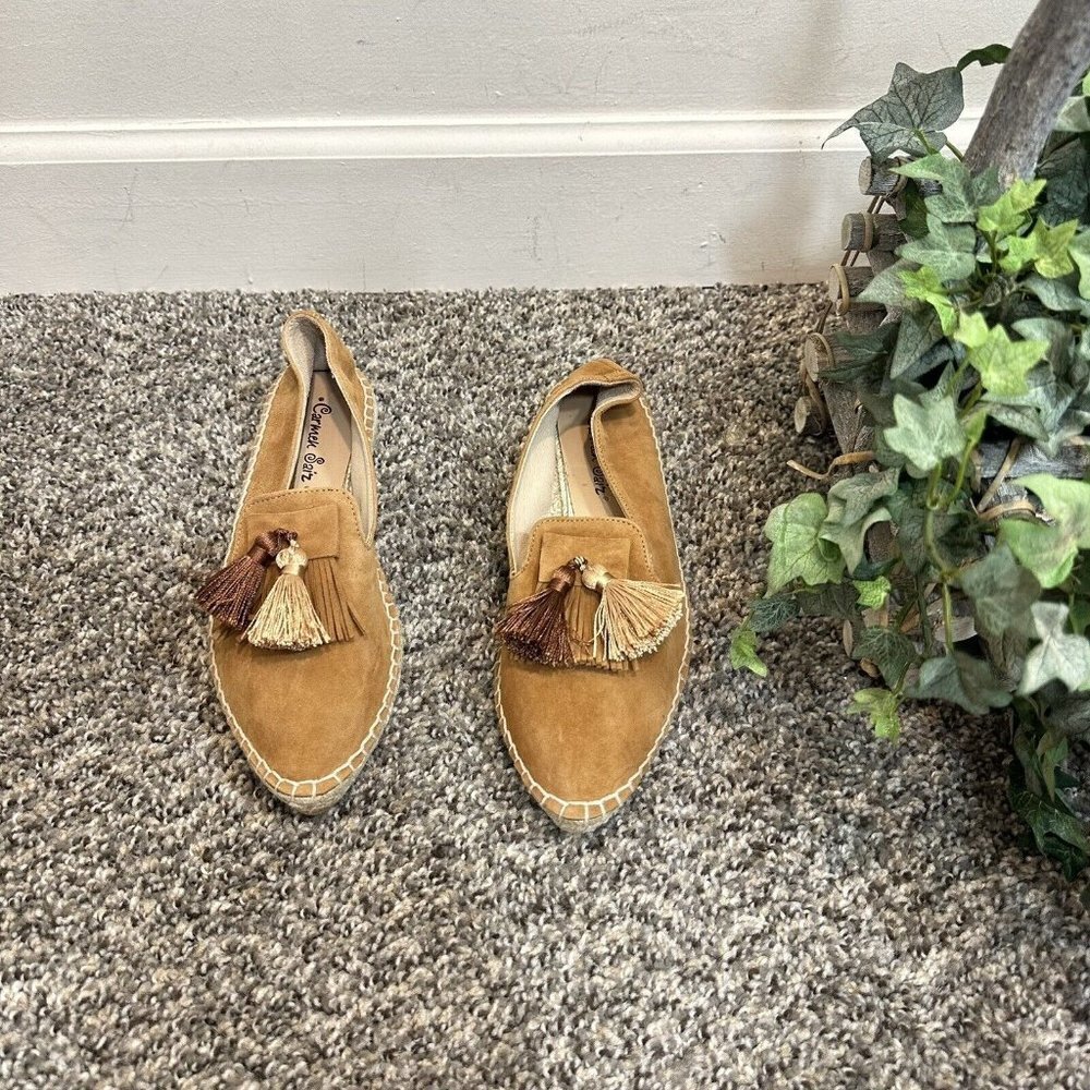 CARMEN SAIZ Camel Brown Suede Pointed Toe Espadrille Flat Shoes 36 US 6 New